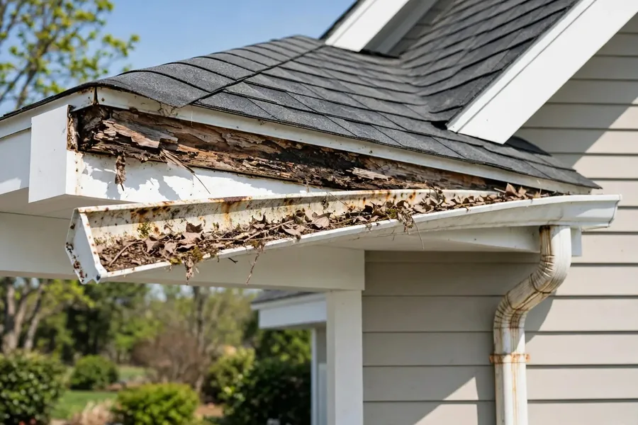Sagging old gutters pulling away from fascia before replacement
