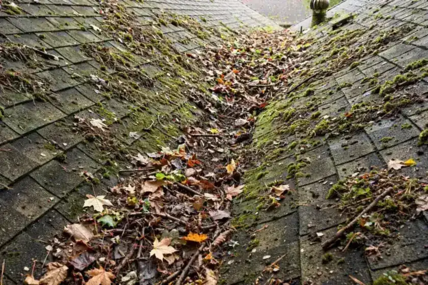 Neglected roof covered in leaves and debris before maintenance