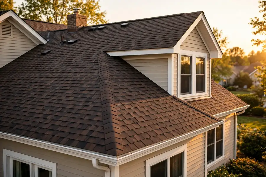 New asphalt shingle roof after full replacement