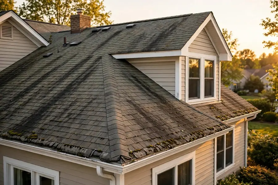 Worn, leak-prone asphalt shingle roof before replacement