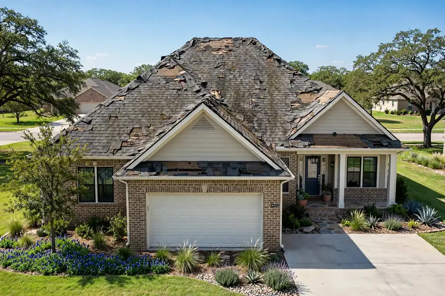 Asphalt shingle roof with cracked and wind-lifted shingles before repair
