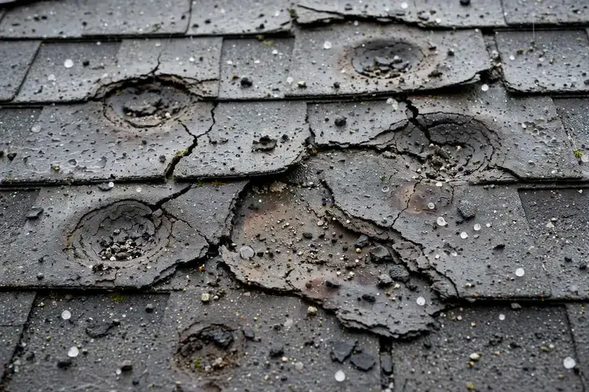 Storm-damaged roof with torn and hail-bruised asphalt shingles