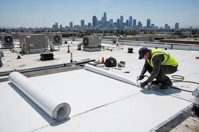 Roofer installing white TPO membrane on a commercial flat roof