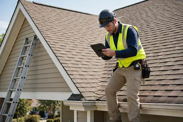 Roof inspector with tablet documenting shingle roof condition