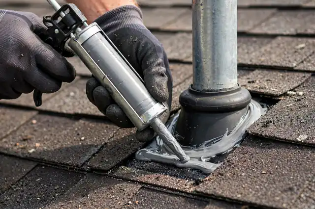 Roofer sealing a pipe flashing with sealant to stop a roof leak