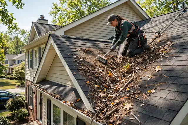 Crew member clearing leaves and debris from a shingle roof during maintenance