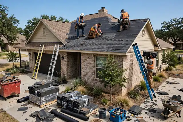 Crew installing a new asphalt shingle roof on a brick home