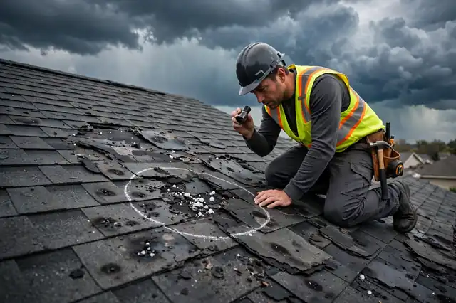 Inspector marking hail damage on a storm-damaged shingle roof