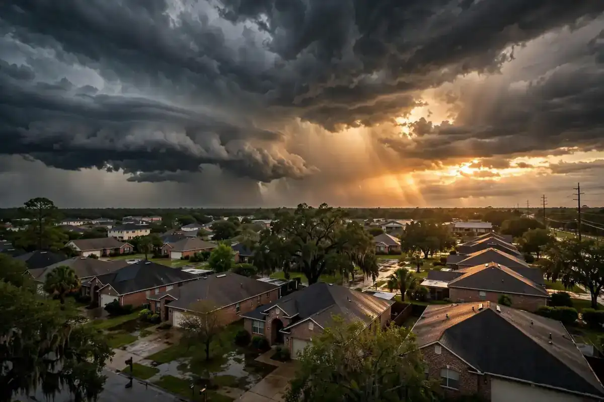 Dramatic storm clouds over Channelview, Texas rooftops at dusk with warm amber light breaking through