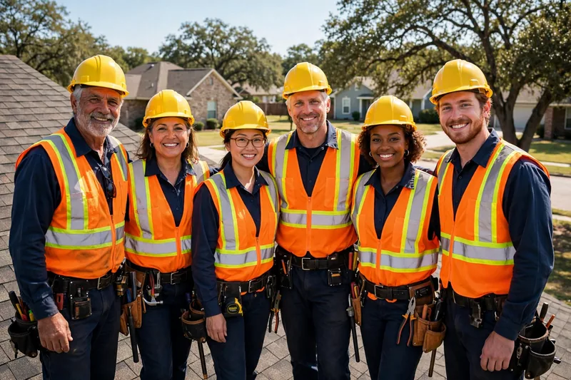 The Channelview Roofing crew in uniform on a shingle roof