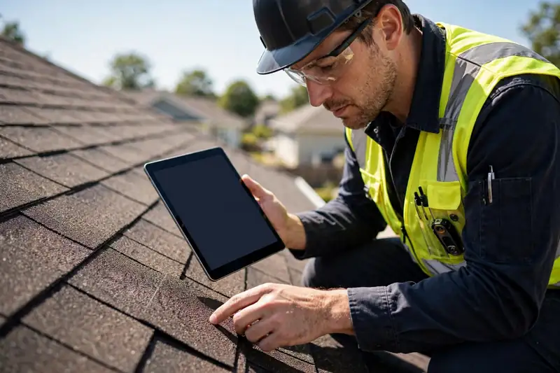 Professional roof inspector examining shingles with a tablet in Channelview, TX