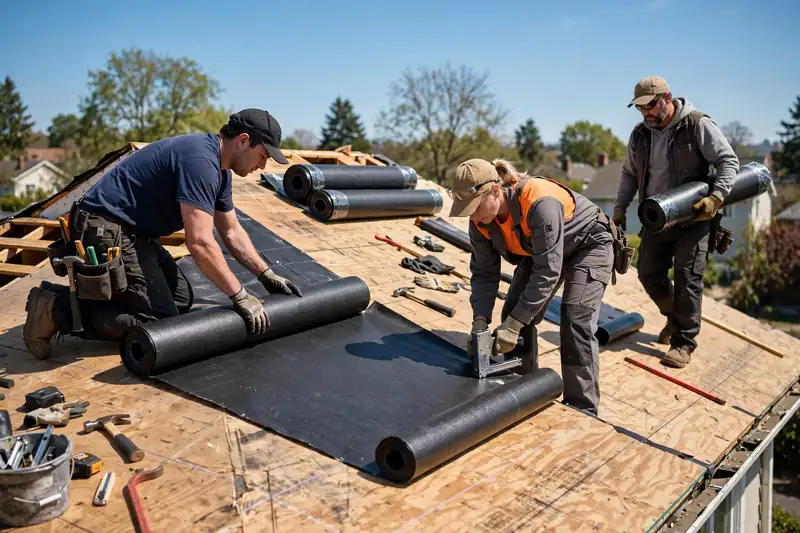 Roofers installing new underlayment during roof replacement in Channelview, TX