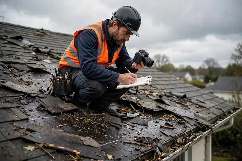 Roofer documenting storm damage with a camera in Channelview, TX