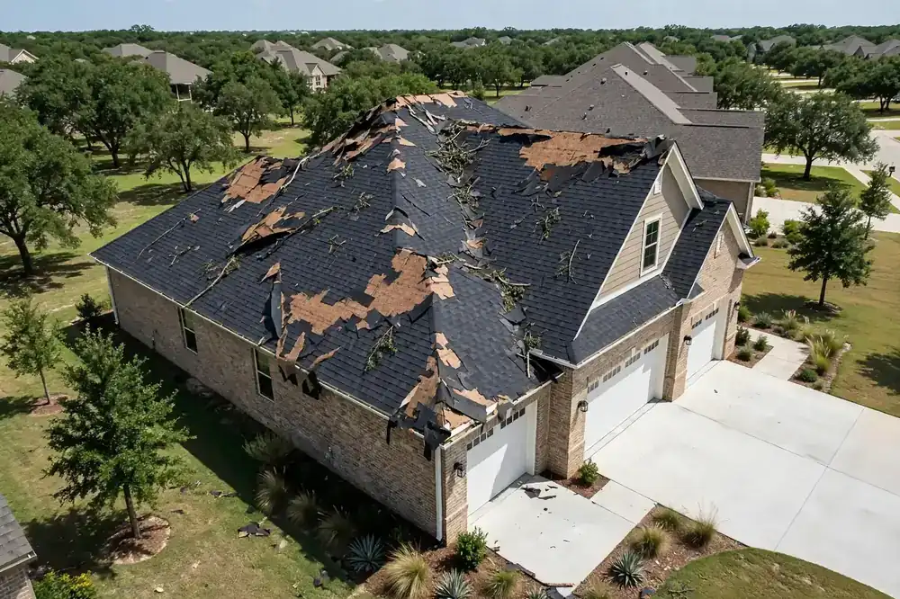 Storm-damaged roof with torn and missing asphalt shingles