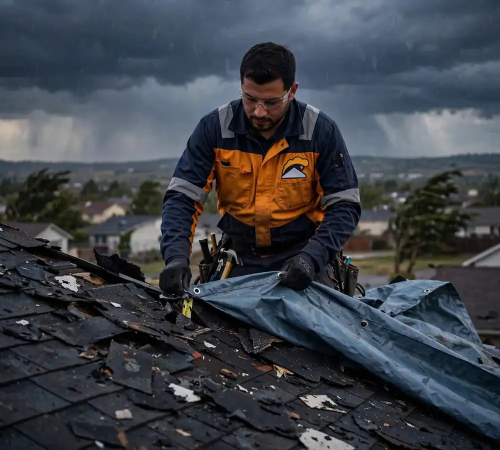 Roofer securing an emergency tarp over storm-damaged shingles under dark storm clouds