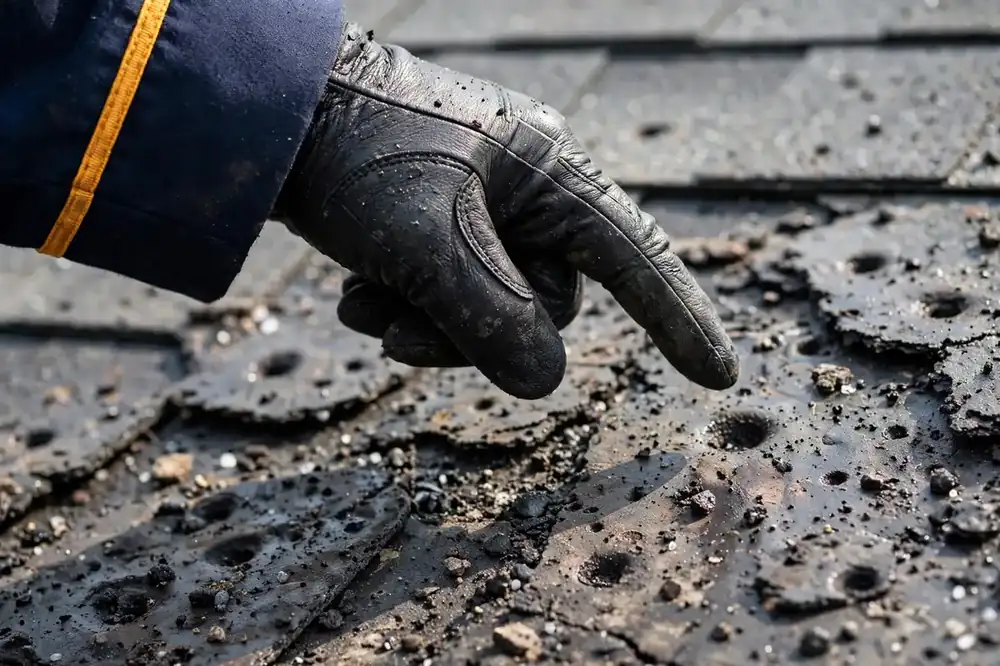 Gloved hand pointing at hail-bruised asphalt shingles during a roof inspection in Channelview, TX